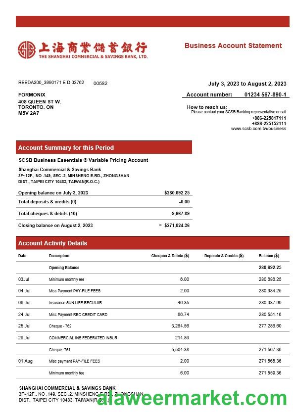 Shanghai Commercial & Savings Bank firm account statement Word and PDF template
